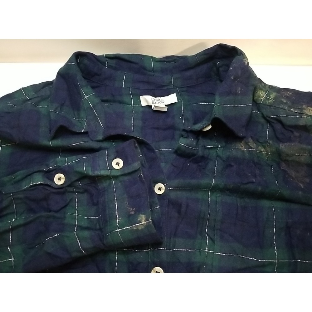 Croft And Barrow Womens 2XL Green Blue Plaid Flannel Button Up Shirt Long Sleeve